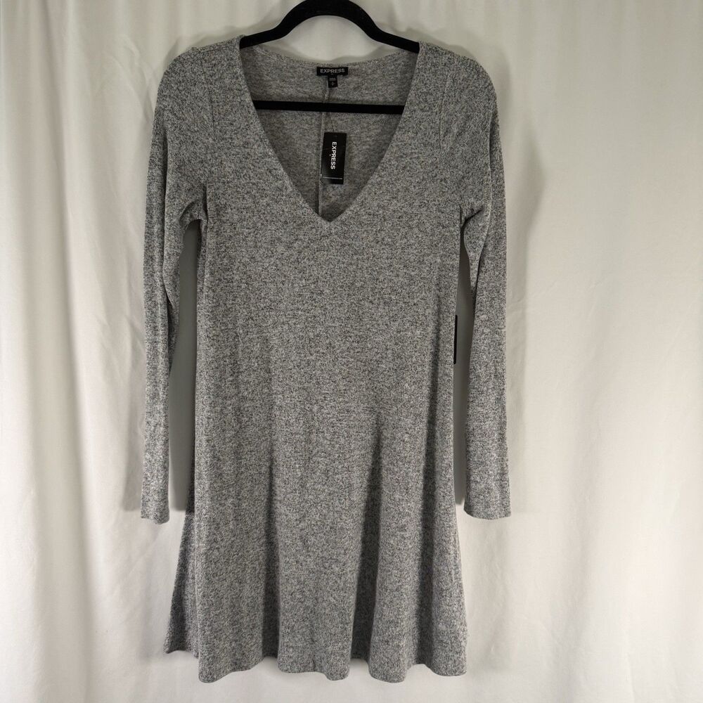 New Express Knee Length Dress Women's Small Heathered Grey Vneck Pullover